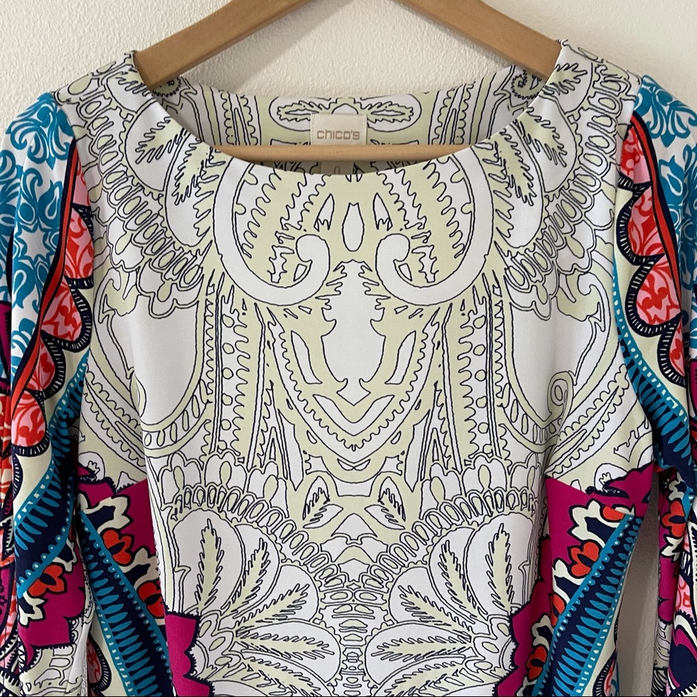 Chico’s Paisley Block Print Shift Dress Split Sleeve Multicolor Illusion-0/Small - Picture 5 of 16